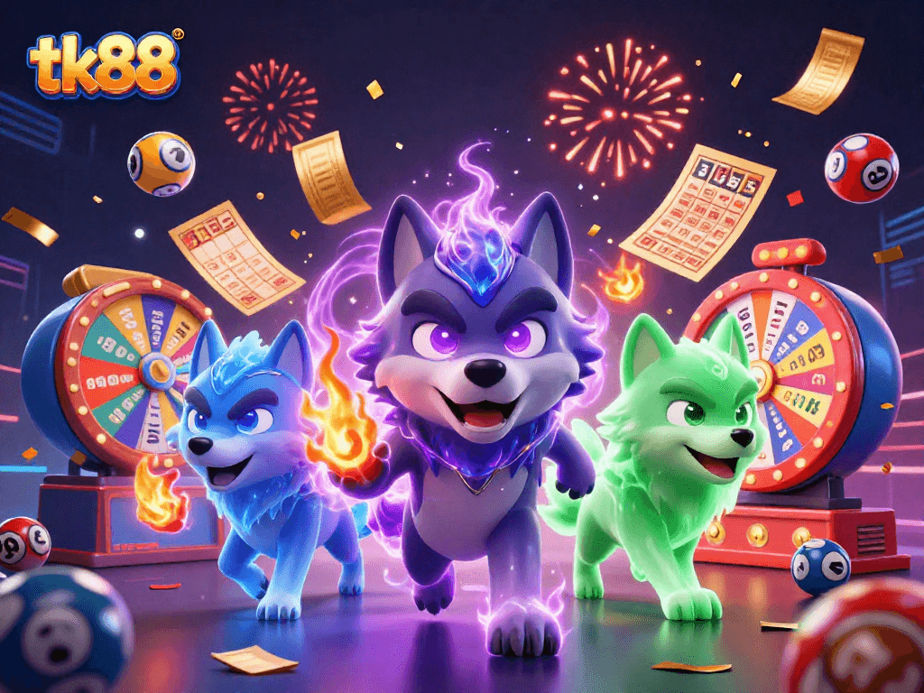 Engage in the excitement of tk88 with vibrant lottery elements and animated characters in a dynamic casino scene.
