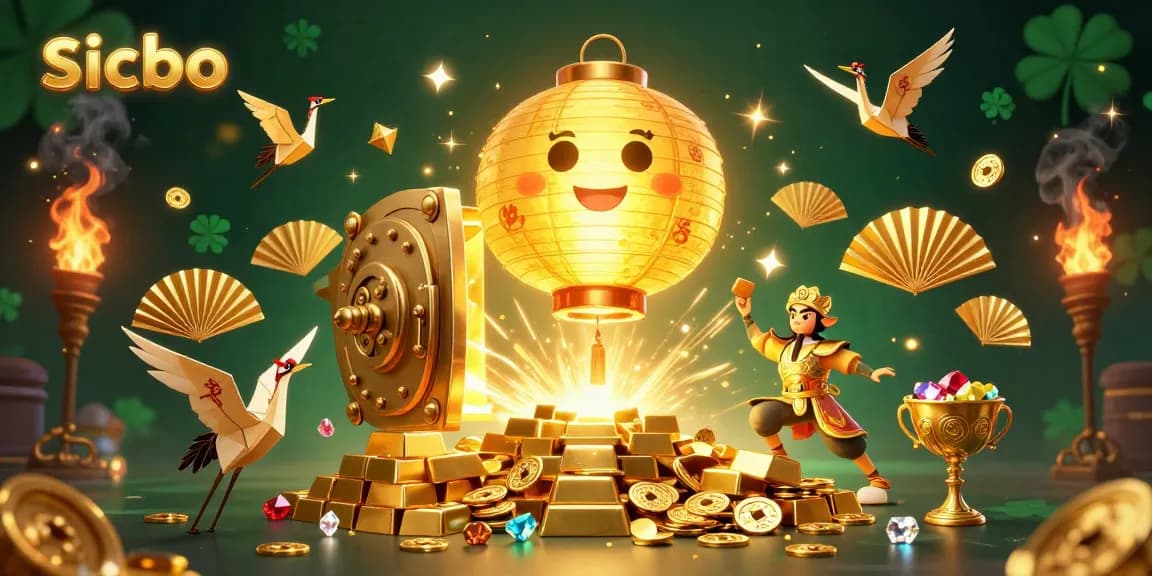 Play sicbo action with vibrant treasure vaults and dynamic gambling elements in a 3D illustration.