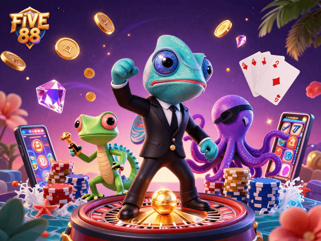 Engage in thrilling gameplay at FIVE 88 with chameleon agents and colorful casino elements.