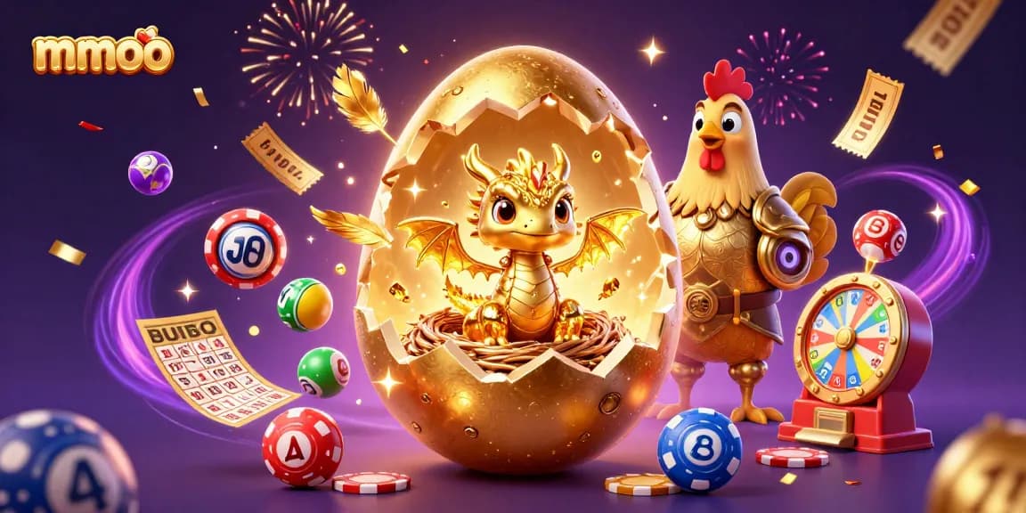 Engage in thrilling gameplay at mmoo with a cartoon fantasy scene of a golden dragon and vibrant casino elements amidst dynamic excitement.
