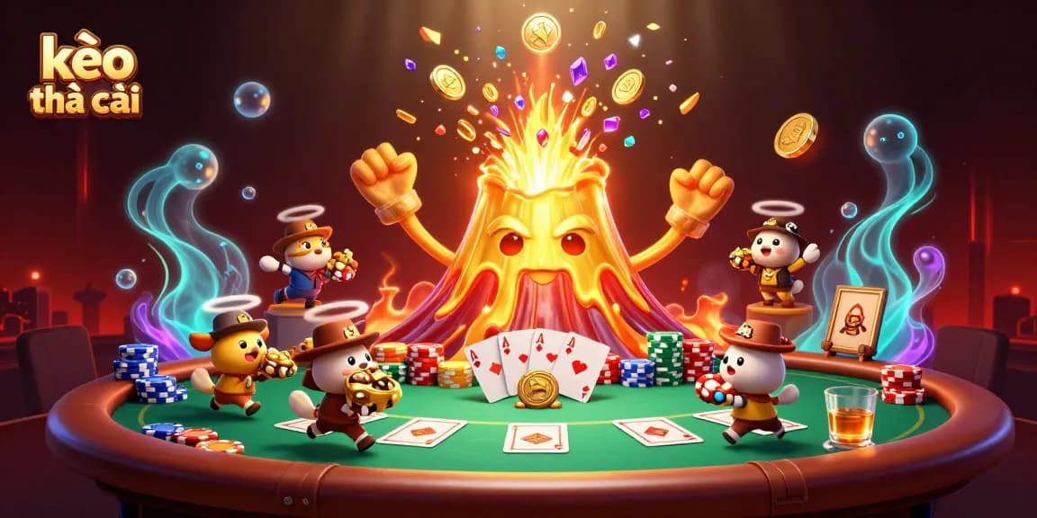 Kèo nhà cái offers thrilling online betting experiences with a lively golden volcano scene showcasing poker elements and treasures.