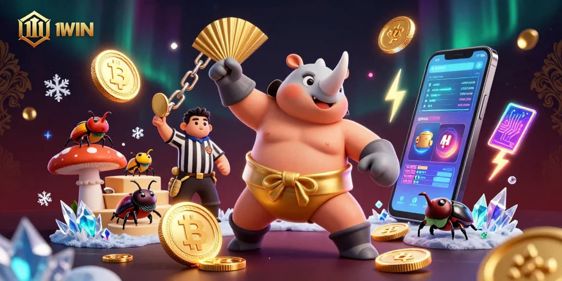 Experience thrilling action with 11WIN as a sumo beetle champion triumphs in a dynamic casino scene.