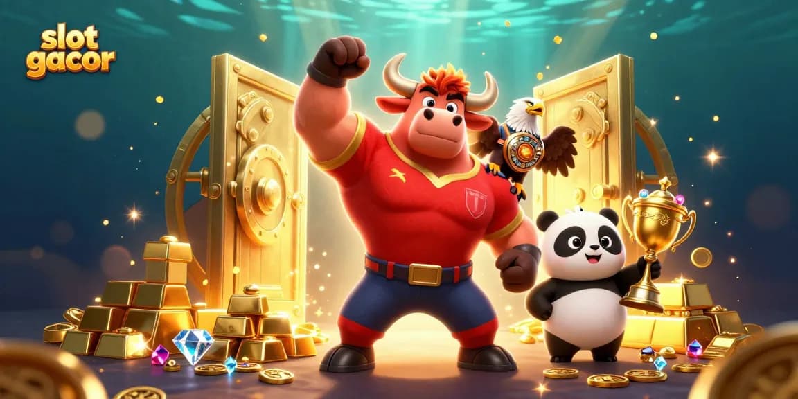 Engage with slot gacor as the strong bull mascot celebrates winnings with gold treasures in an exciting gaming atmosphere.