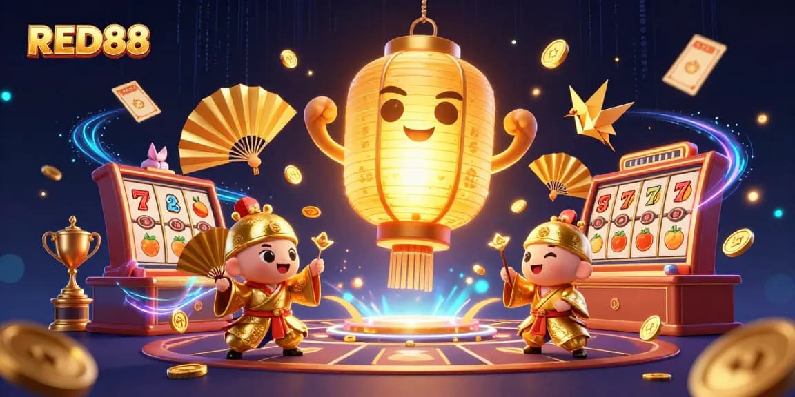 Play slots at RED88 with a golden lantern spirit and dynamic casino elements.