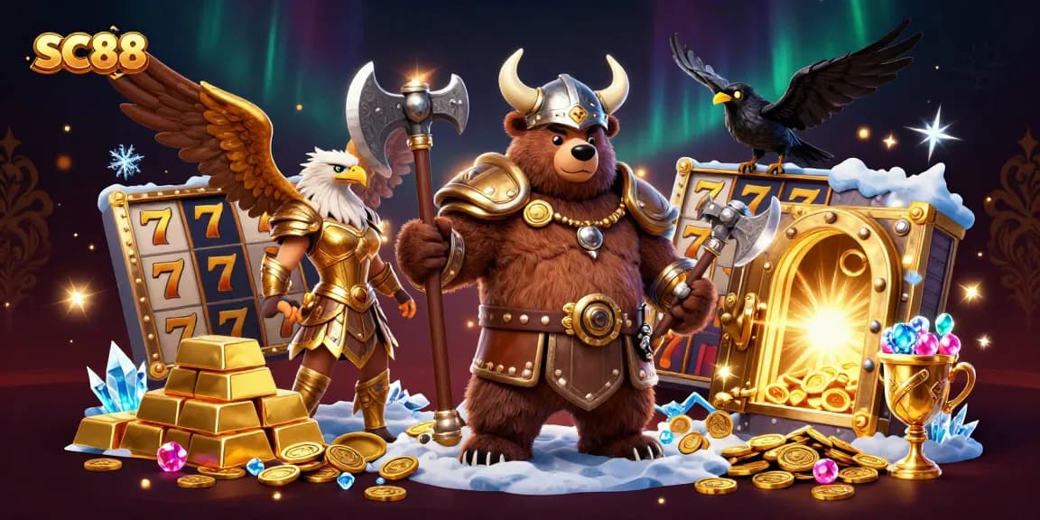 Spin for big wins at SC88 with Viking characters in a vibrant casino setting filled with treasures.