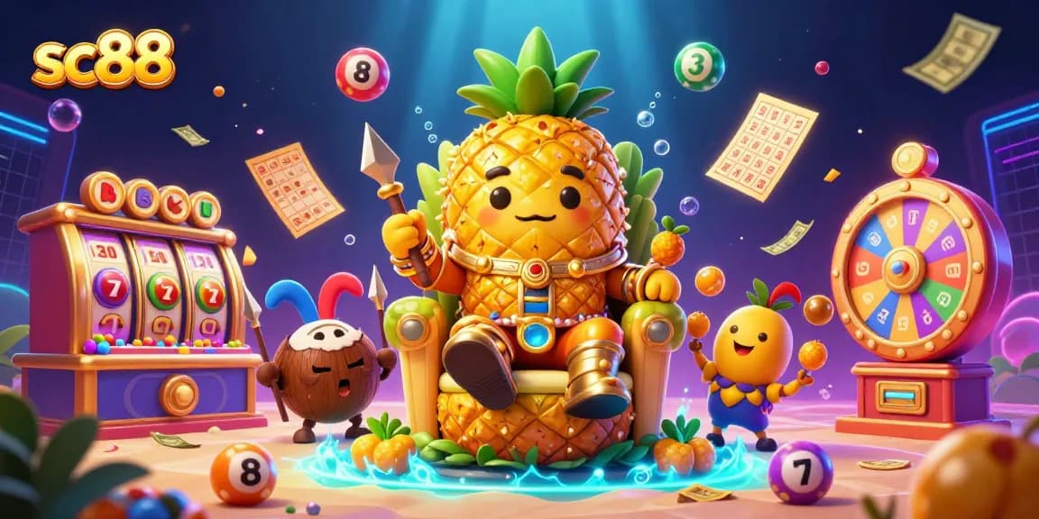 Experience the excitement at sc88 with a lively 3D illustration of a pineapple king and vibrant casino games.