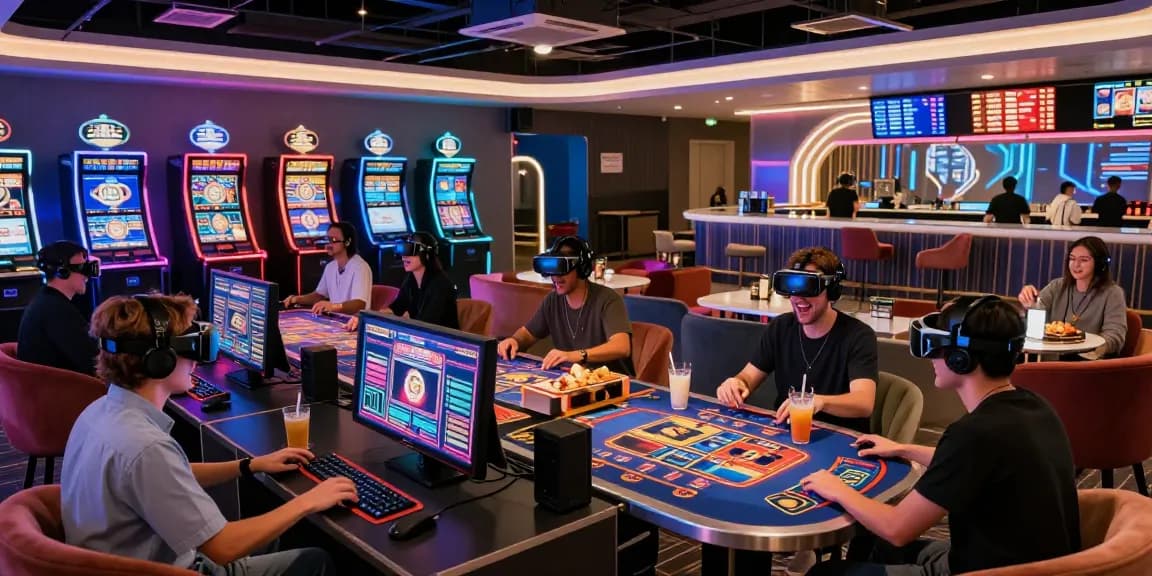 Dynamic crypto casino gaming lounge with friends enjoying VR games and holographic machines.