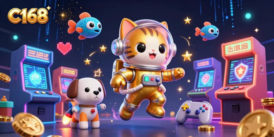 C168 offers exciting gaming adventures with cat astronauts and vibrant arcade elements in a cosmic casino environment.
