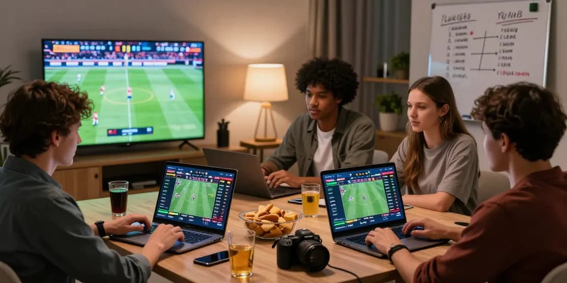 Enthusiastic individuals enjoying LUCK8 sports betting experience from a cozy modern setting, complete with live game stats and snacks.