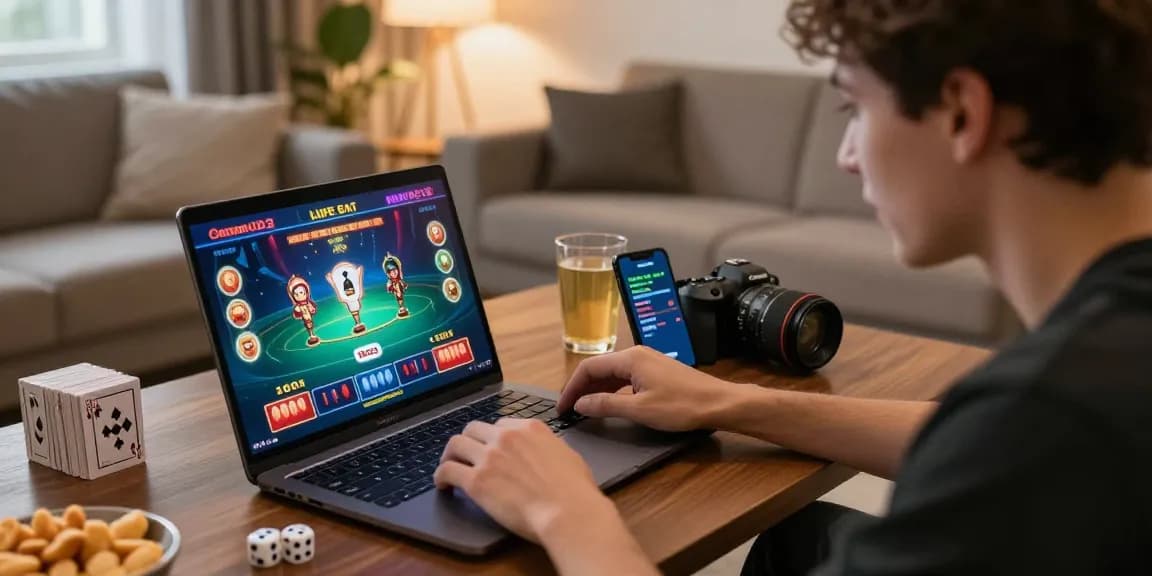 Excited user experiencing online gaming at ok8386.com in a cozy modern setting.