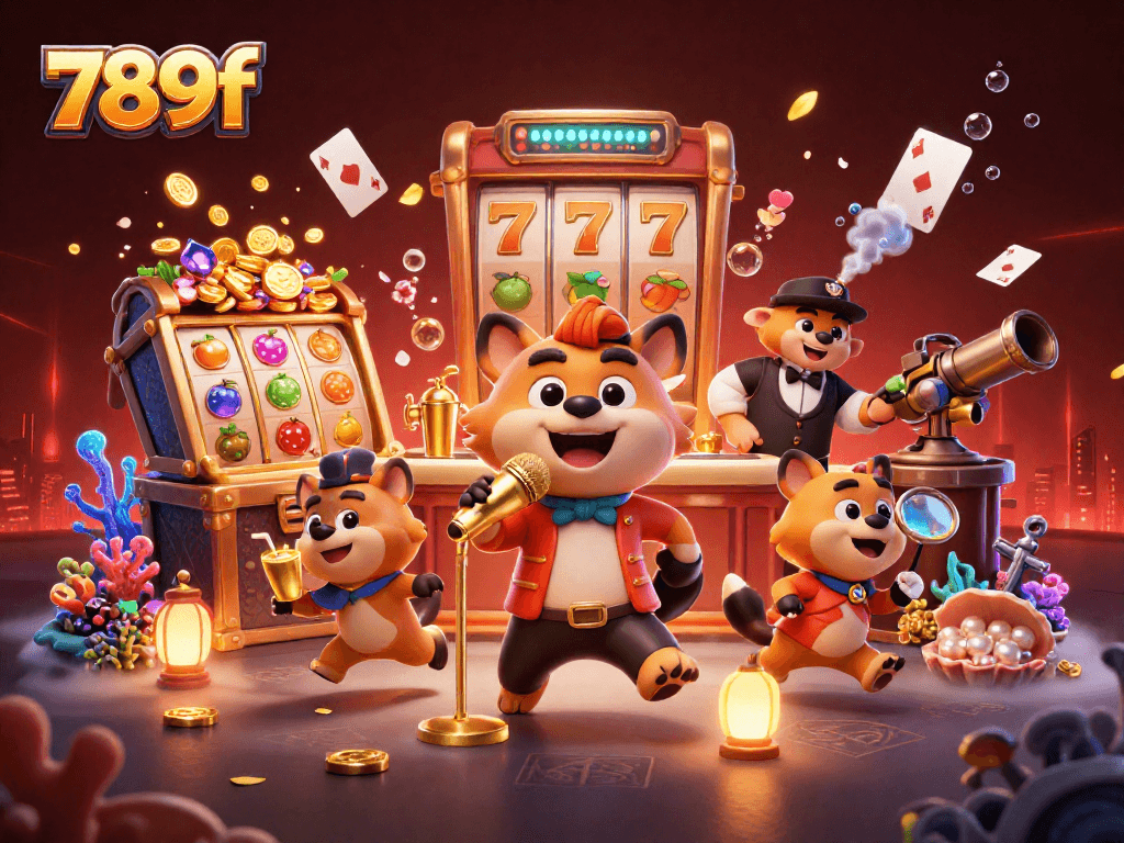 Engage in fun at 789f with hyenas in a lively casino scene filled with slot symbols and treasures.