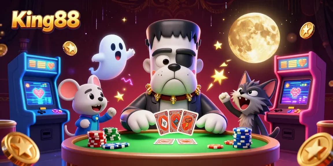 Engage with King88 as a Frankenstein bulldog dealer at a spooky casino table.