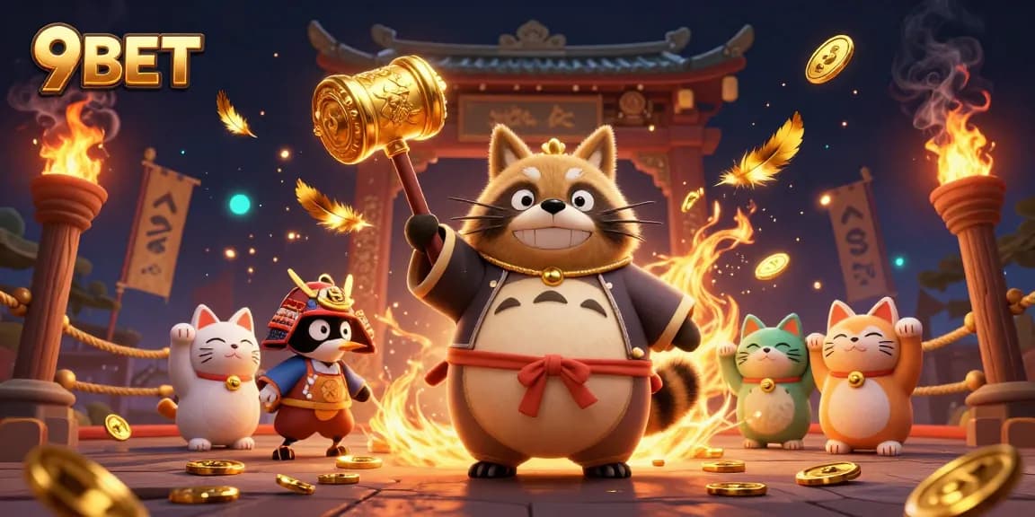 Experience thrilling action with 9BET's vibrant casino scene featuring lucky symbols and playful characters.