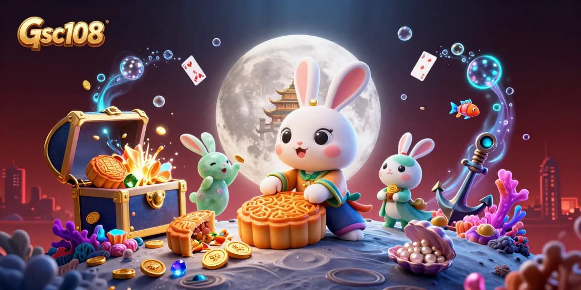 Engage with Gsc108 as the moon rabbit reveals poker chips hidden inside golden mooncakes in a whimsical casino-themed scene.