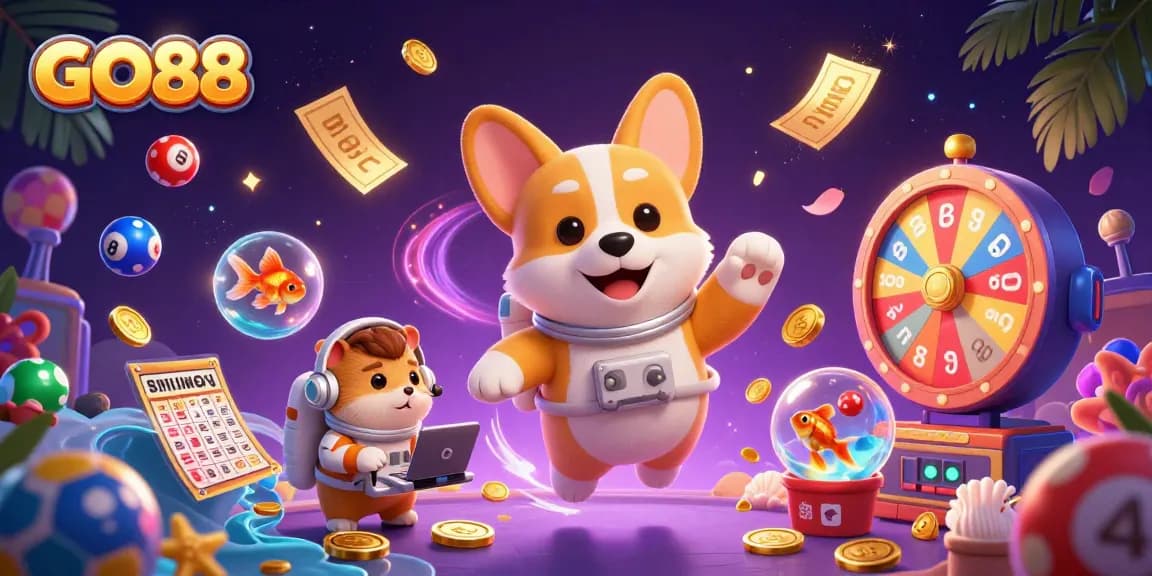 Engage with GO88's vibrant casino excitement featuring a dynamic 3D scene of games and fun.
