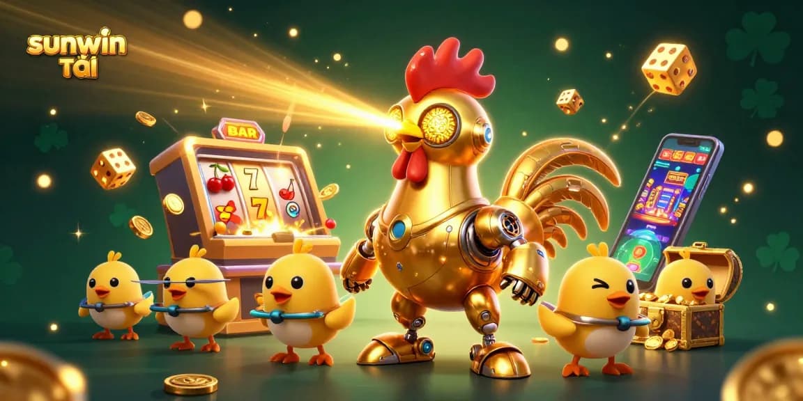 Engage in exciting gameplay with sunwin tải, featuring a golden rooster robot and vibrant casino elements.