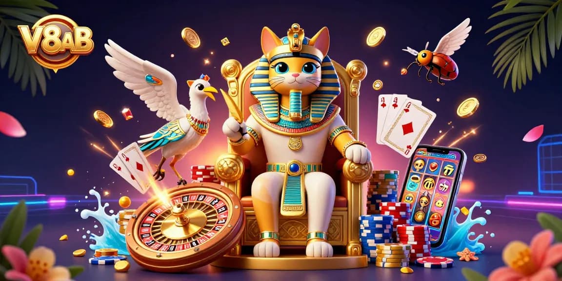 Engage in thrilling slots and gaming action at V8AB, featuring vibrant 3D characters and dynamic casino elements.
