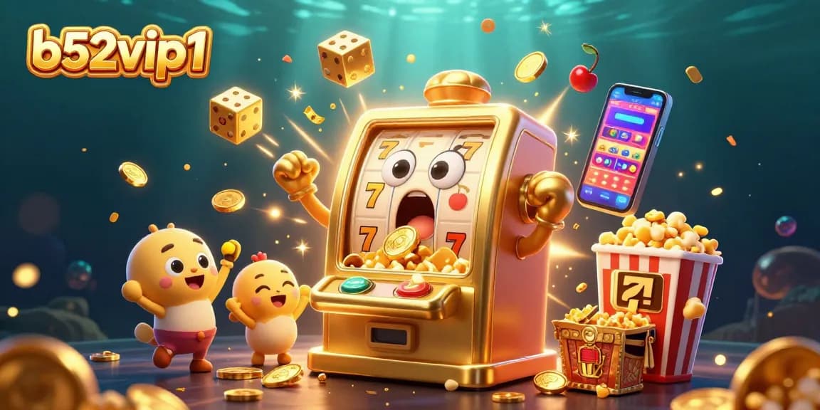 Sparkling b52vip1 slot machine jackpots with golden coins pouring as mini slot machines cheer in an exciting casino scene.