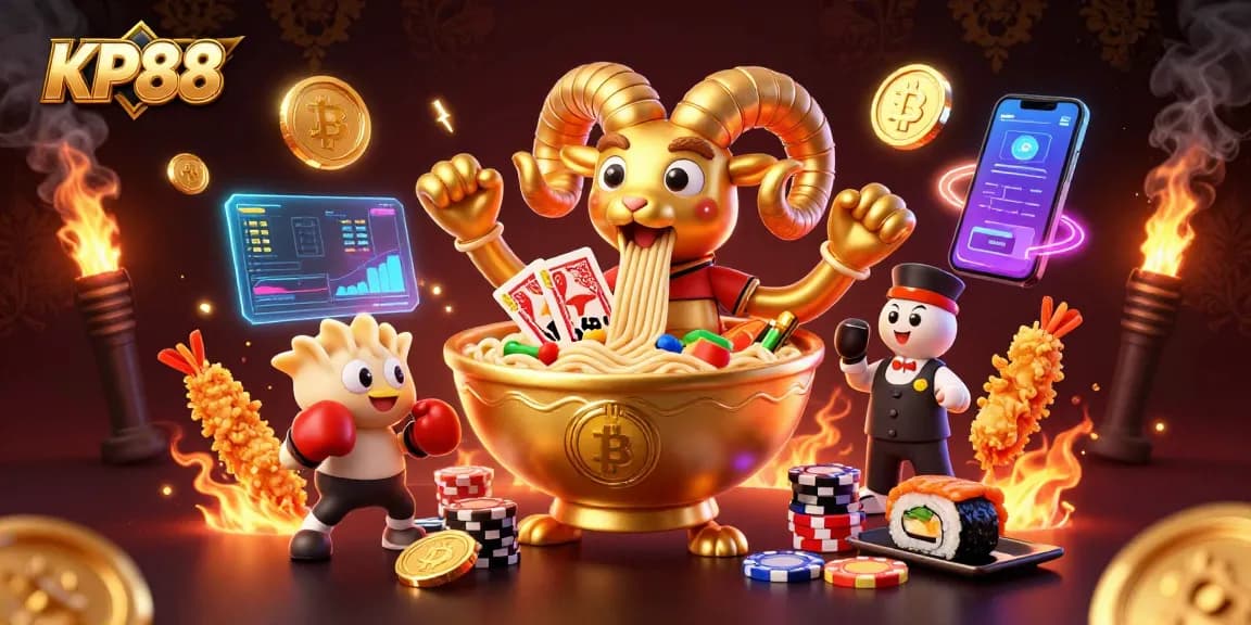 KP88 showcases a fun, vibrant casino scene with cartoon characters engaged in action, surrounded by cryptocurrencies.