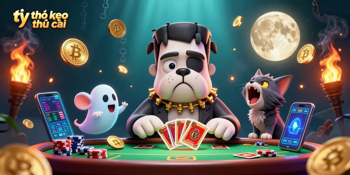 Play cards at spooky table with tỷ lệ kèo nhà cái, featuring a Frankenstein bulldog and ghost mouse.