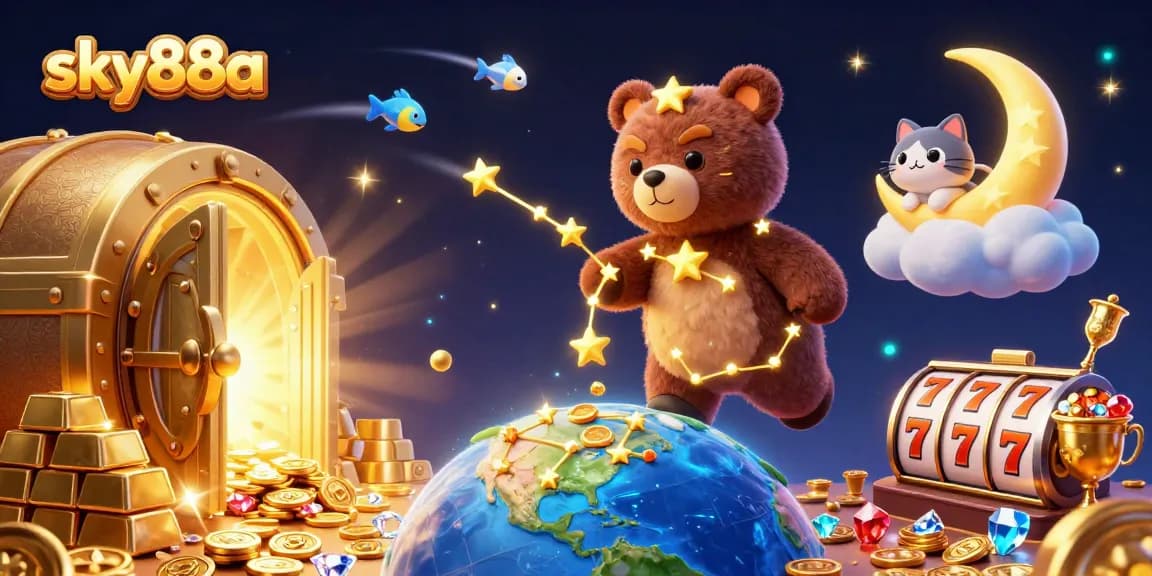 Experience the magic of sky88a with a constellation bear collecting coins in a rich casino environment.
