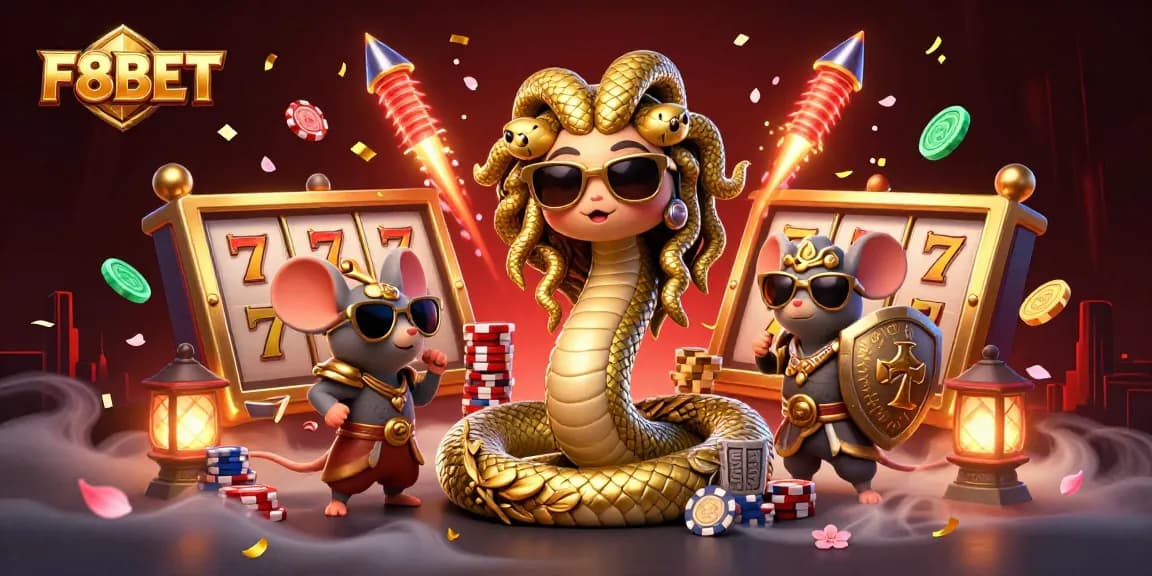 Win big at F8BET with a vibrant 3D casino scene showcasing Medusa and a warrior mouse.