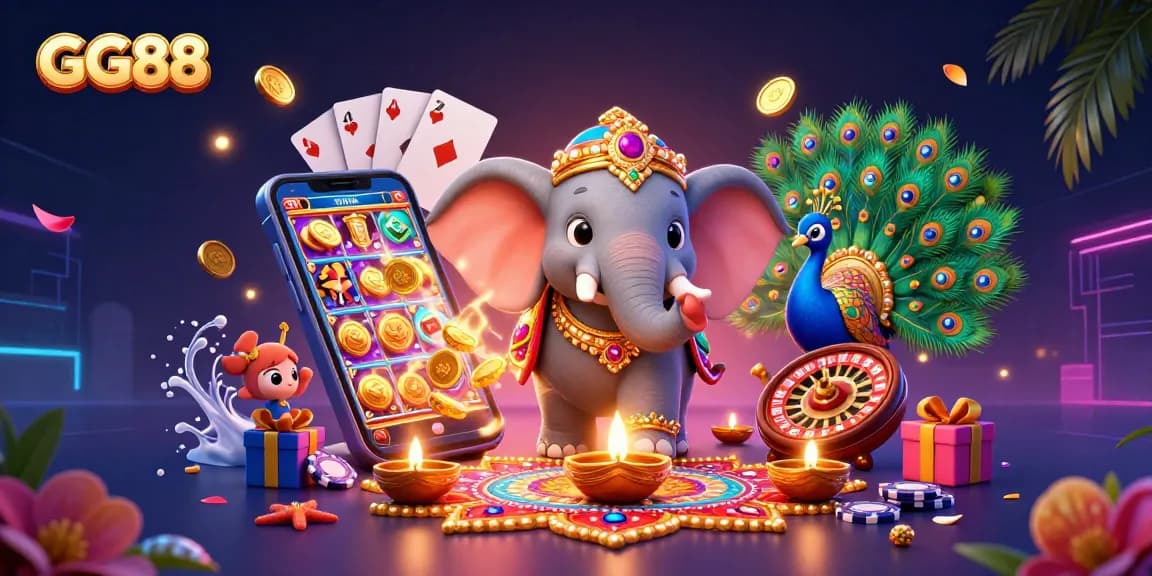 Engage in exciting gaming at GG88 with vibrant characters and casino elements illuminating the scene.