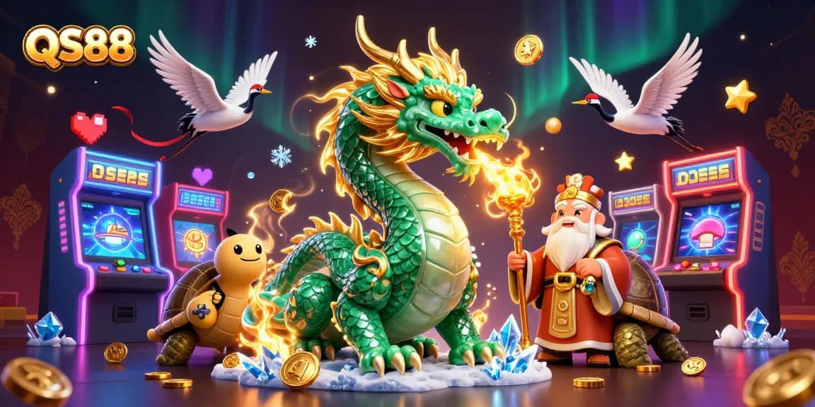 Experience the thrill of QS88 with a majestic dragon and vibrant casino elements all around.