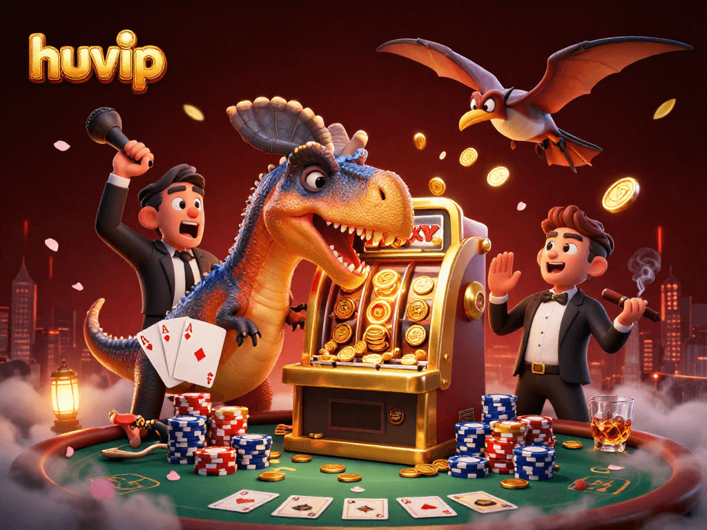 Catch jackpot coins at huvip with a energetic cartoon scene showcasing a pachycephalosaurus and casino elements.