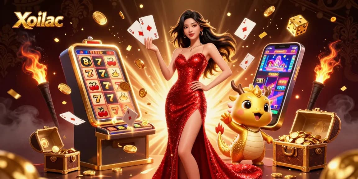 Xoilac's dynamic casino scene featuring a stunning woman welcoming players, surrounded by vibrant gambling elements.