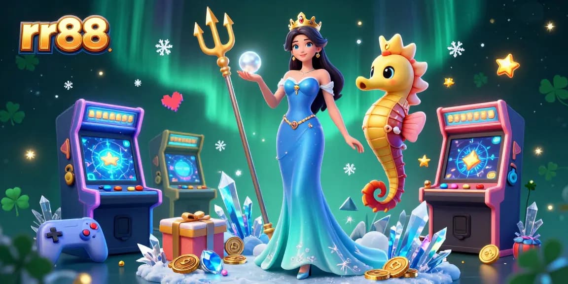Engage with rr88's vibrant 3D casino scene featuring glowing elements and dynamic underwater treasures.