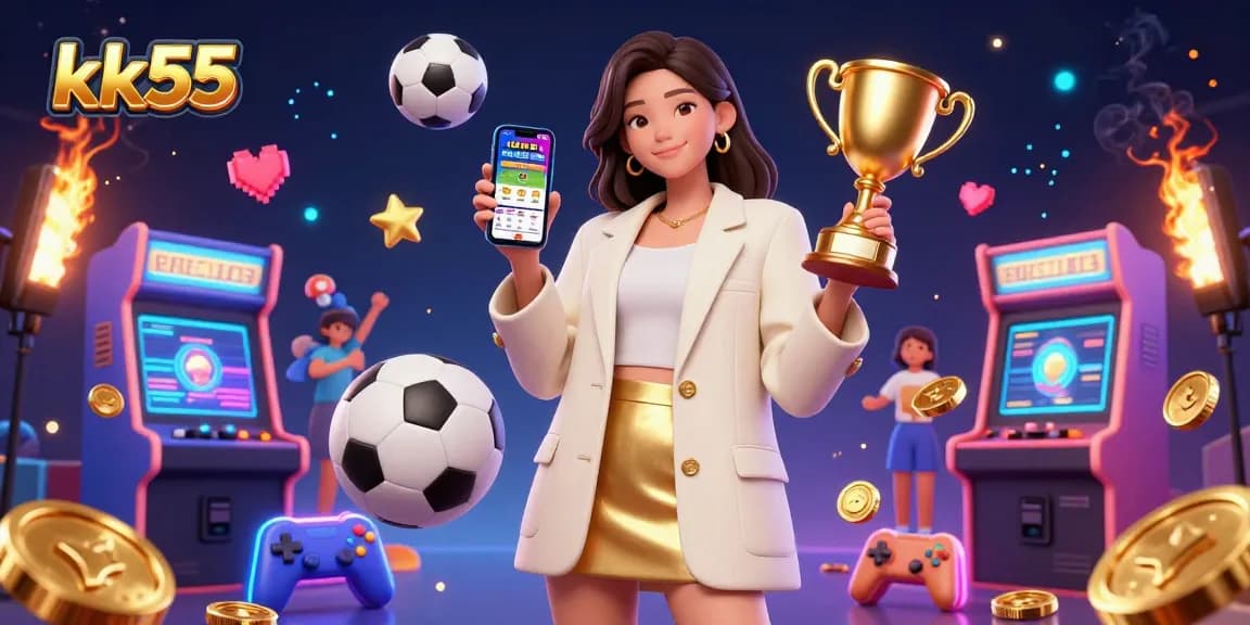 Engage with exciting sports betting at kk55 through a friendly Asian woman showcasing a mobile app.