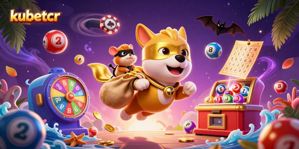 Join the excitement at kubetcr as our superhero dog delivers golden coins amidst a dynamic casino scene.