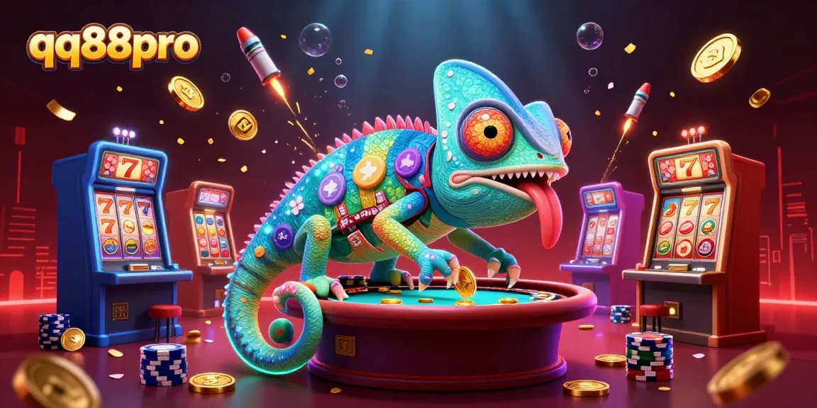 Engage with the vibrant qq88pro casino world featuring a dynamic chameleon character amidst rich gaming elements.