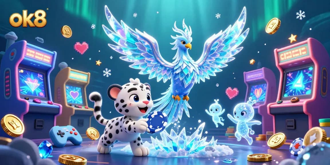Experience the thrill of ok8 with an extravagant 3D ice phoenix and sparkling casino elements in a colorful gaming landscape.