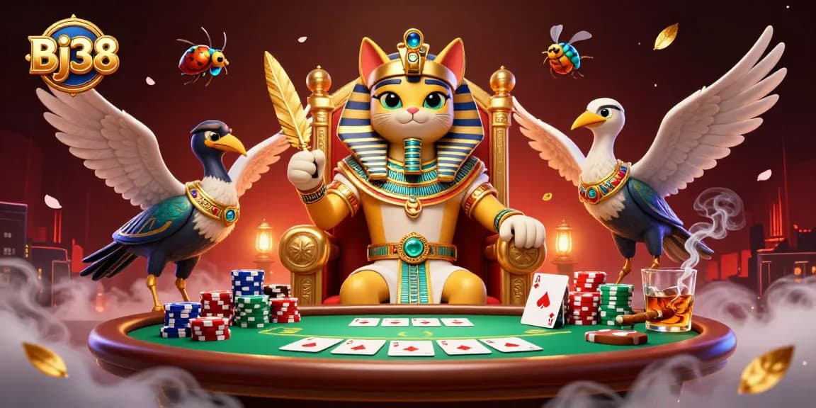 Bj38 takes center stage with pharaoh cat and companions gaming in an Egyptian casino.