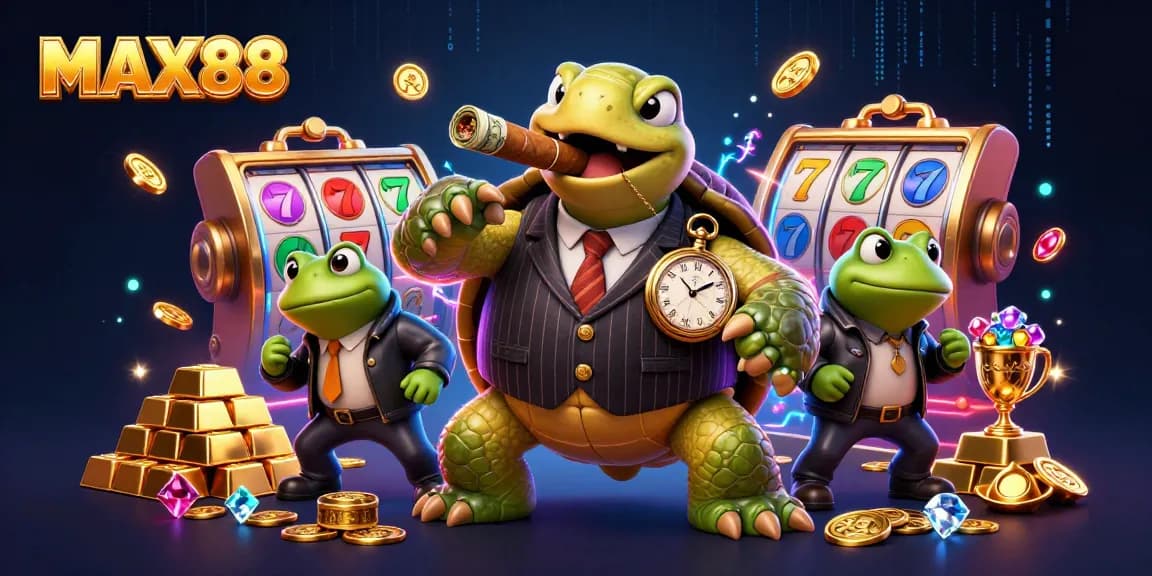 MAX88 slot reels with a cartoon turtle and bullfrog enforcers in a vibrant casino setting.