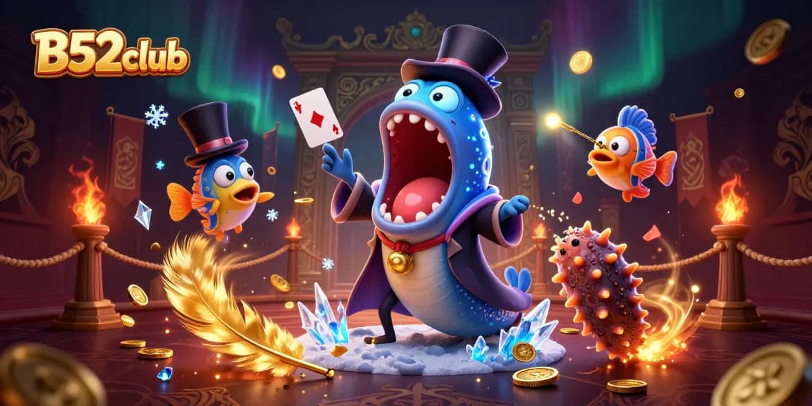 B52club showcases a magical casino scene with vibrant characters performing card tricks amidst sparkling elements.
