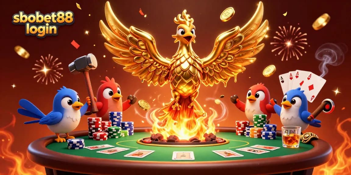 Experience the vibrant sbobet88 login scene with a golden phoenix and poker elements.
