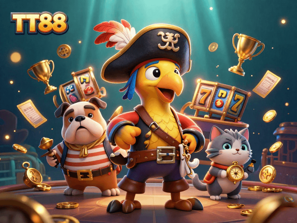 Play at TT88 with vibrant 3D characters amid dynamic slot reels and a rich casino atmosphere.