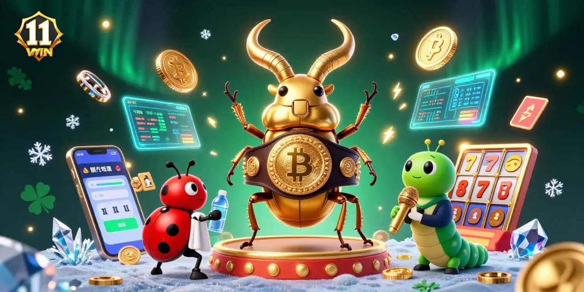 Experience thrilling gaming with 11WIN featuring dynamic slot action and crypto elements in a colorful scene.
