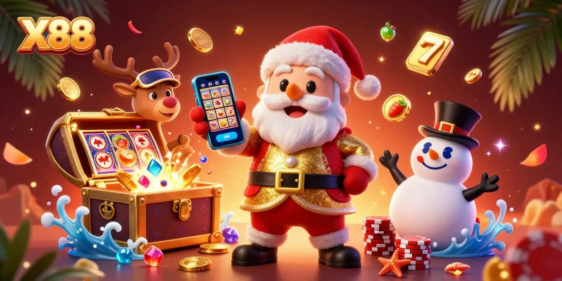 Experience the excitement of X88 with Santa celebrating slot jackpots with friends!