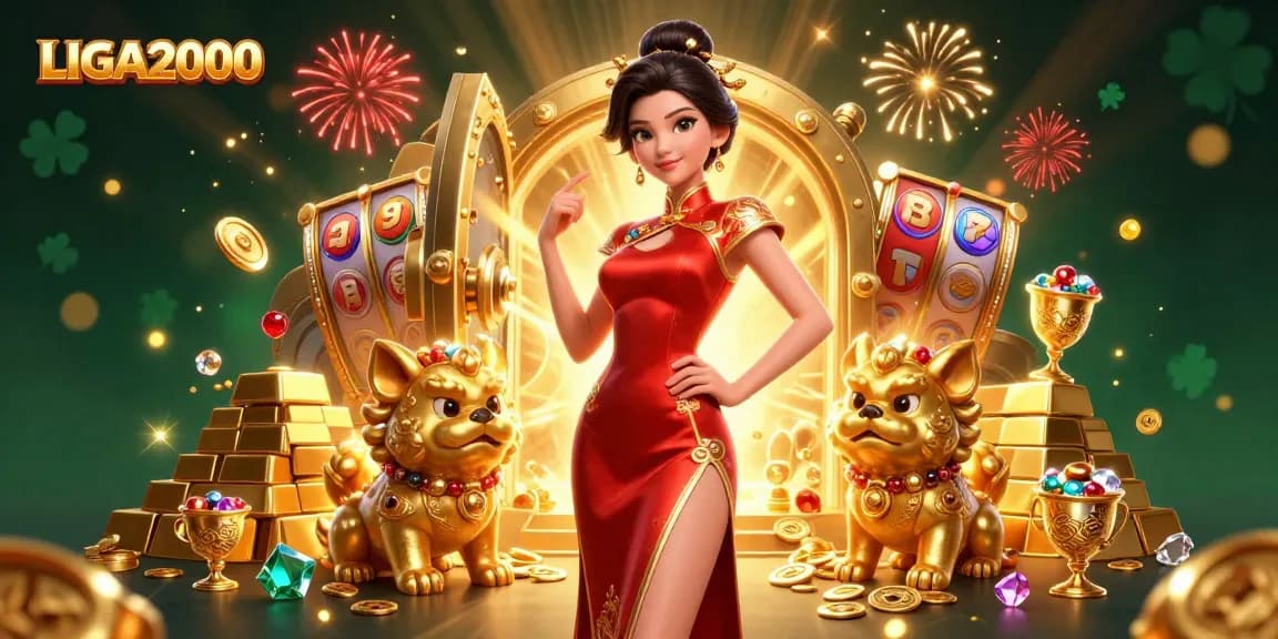 LIGA2000 menampilkan gulungan slot yang berputar di antara emas dan permata, menawarkan peluang jackpot yang mendebarkan.