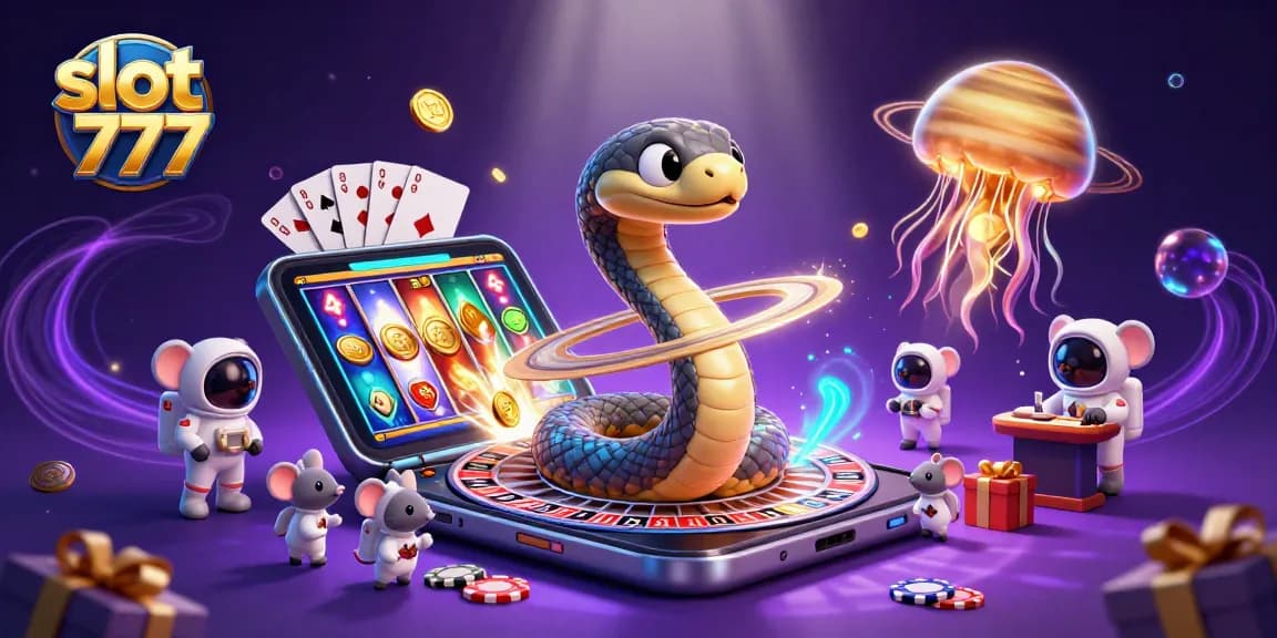 Experience slot 777 action with a cosmic twist featuring a Saturn ring snake and playful mice in a vibrant casino setting.
