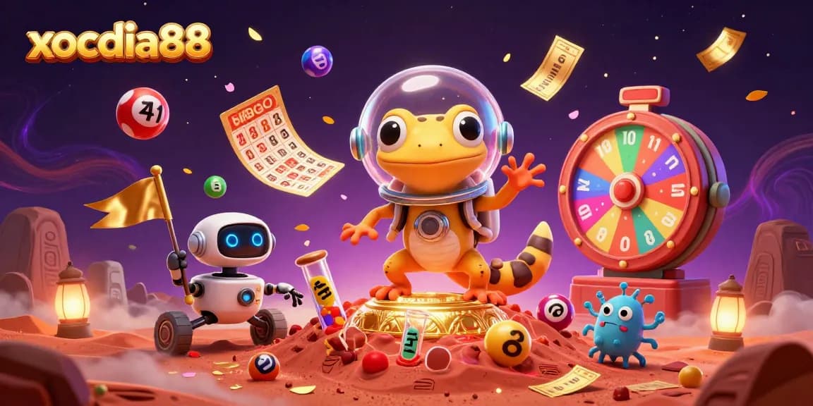 Experience the excitement of xocdia88 with a Martian gecko discovering a golden casino in a vibrant scene.