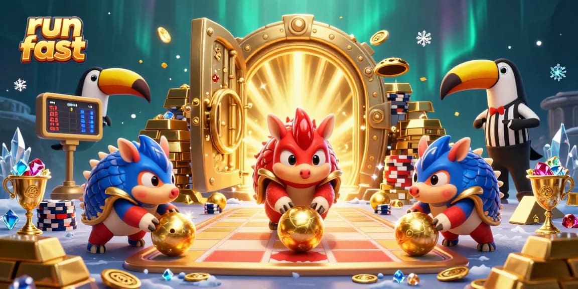 Run fast game features rival pangolins in action with golden treasure and poker chips.