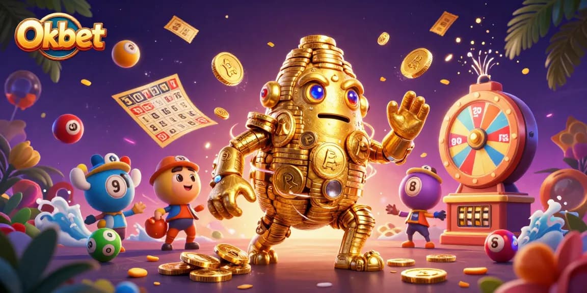 Oxbet's golden golem surrounded by dynamic lottery elements showcases vibrant gambling excitement.