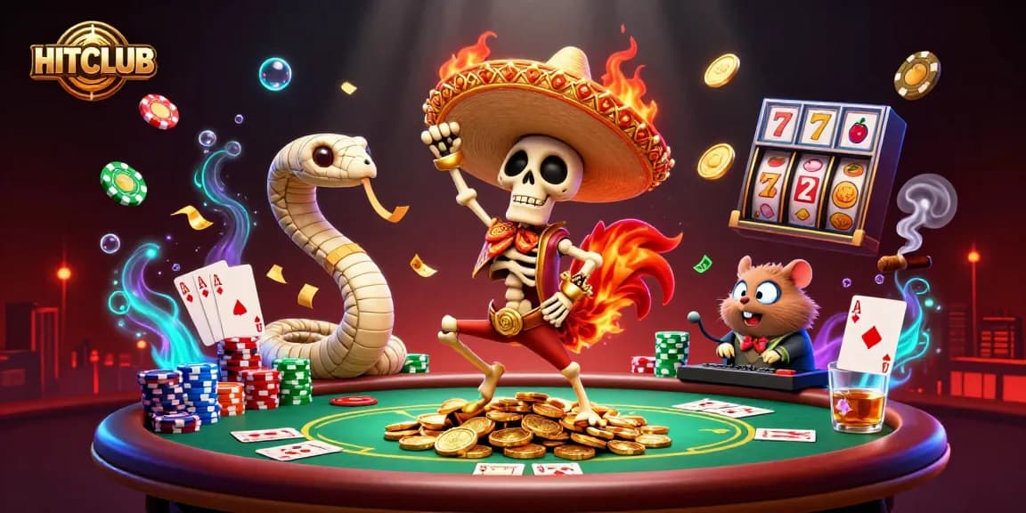 HITCLUB showcases a vibrant celebration with a mariachi rooster and friends on a pile of gold while playing poker.