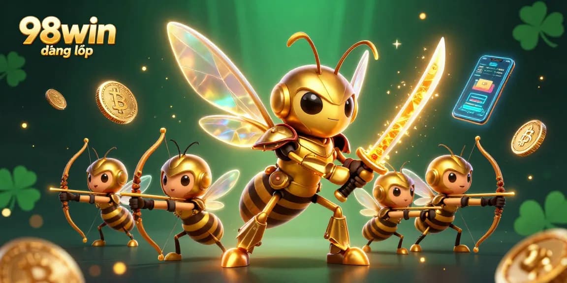 Engage in the thrilling 98win đăng nhập experience with dynamic 3D illustration featuring samurai bees and crypto elements.