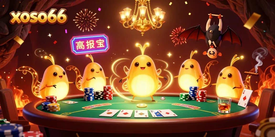 Experience the thrill of xoso66 casino with glowing glowworms lighting the poker table and vibrant decor.